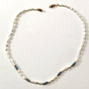 Vtg MOP Rice Bead Necklace Blue Accent Beads Goldtone Spacers Beachy Seaside